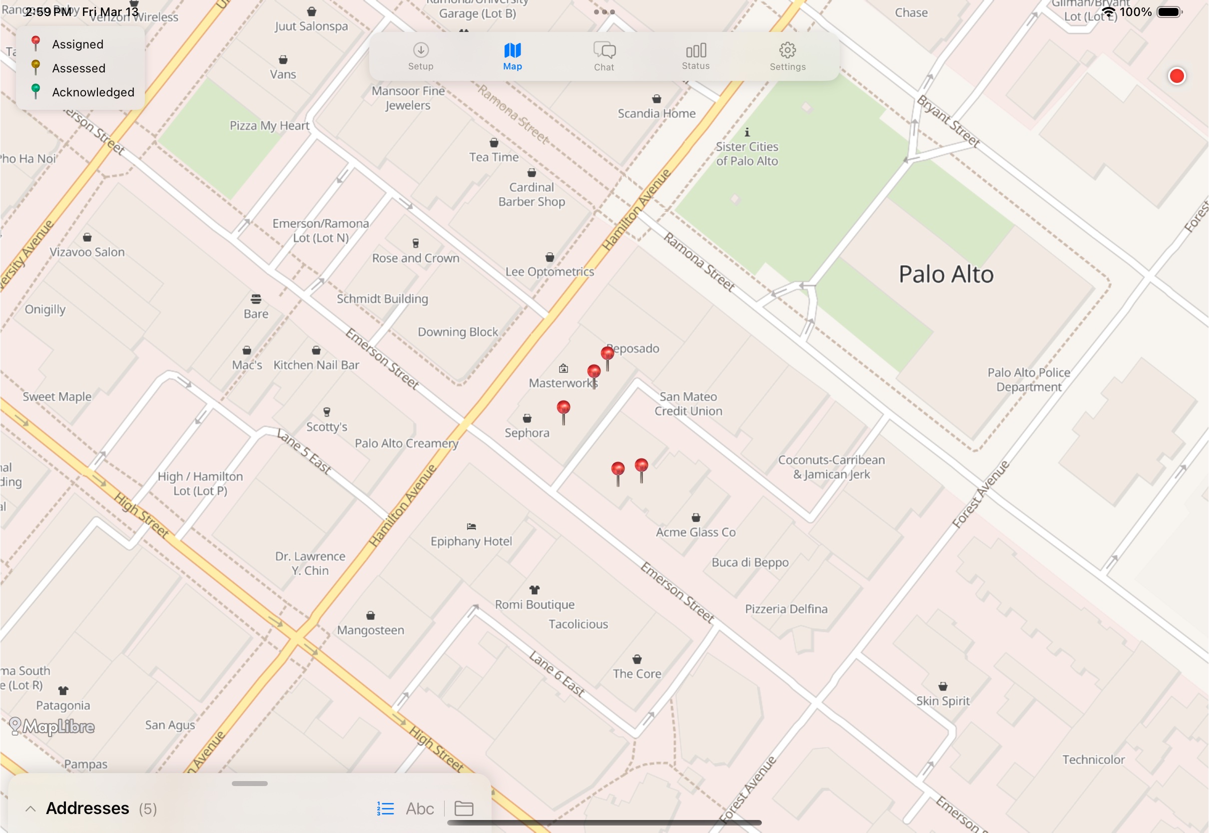 ES-Link iPad app showing an interactive vector map of downtown Palo Alto with red pins marking assigned addresses for damage assessment