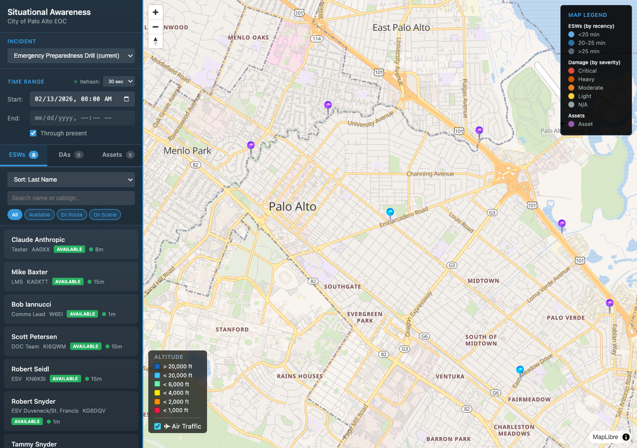 Situational Awareness server showing a vector map of the Palo Alto area with ESW locations and ADS-B air traffic overlay